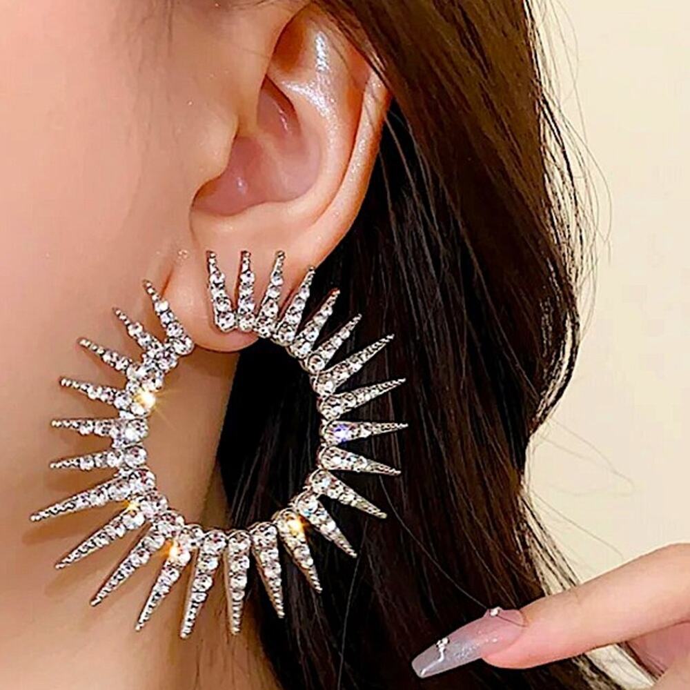 Exaggerated Spiked Zircon Earrings, Statement Silver Oversized Wedding